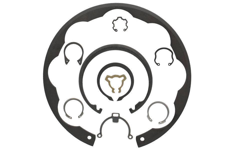 Image of custom retaining rings by Rotor Clip, engineered for specific applications, showcasing the unique designs that deviate from standard circlips or snap rings