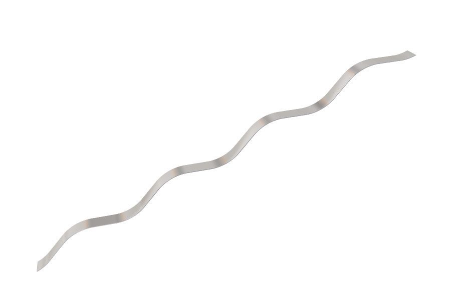 3D render of a stainless steel linear wave spring, depicting a streamlined, elongated wave form designed for even force distribution and reduced space usage in linear applications