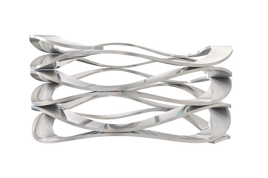 3D render of a stainless steel multi-turn wave spring, highlighting its several coiled turns that provide durable and flexible compression capabilities for high-stress applications