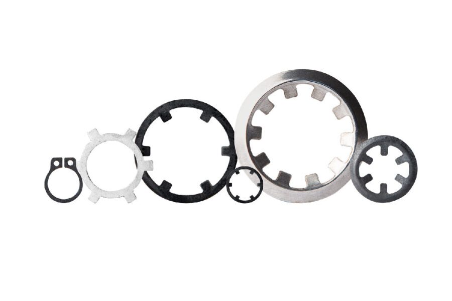 3D render of self-locking push-on rings, similar to snap rings or circlips, with a visible locking feature for secure attachment without the need for grooves