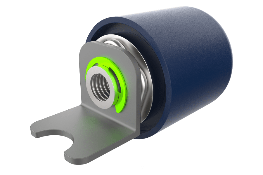 Rendered image of an E-ring retaining a roller or axle within a conveyor system.