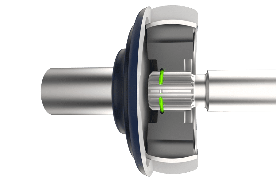 Rendered image of a round-wire snap ring retaining the inner race within a CV joint.