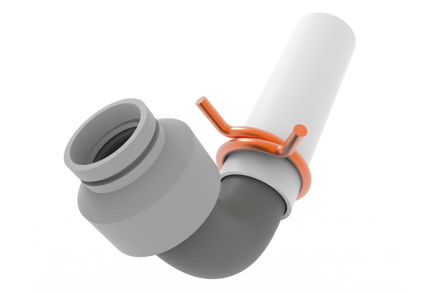 3D render of an Elbow Joint Hose Clamp application by Rotor Clip, demonstrating the clamp's effectiveness in securely attaching and sealing a hose at a bend, enhancing leak prevention and durability