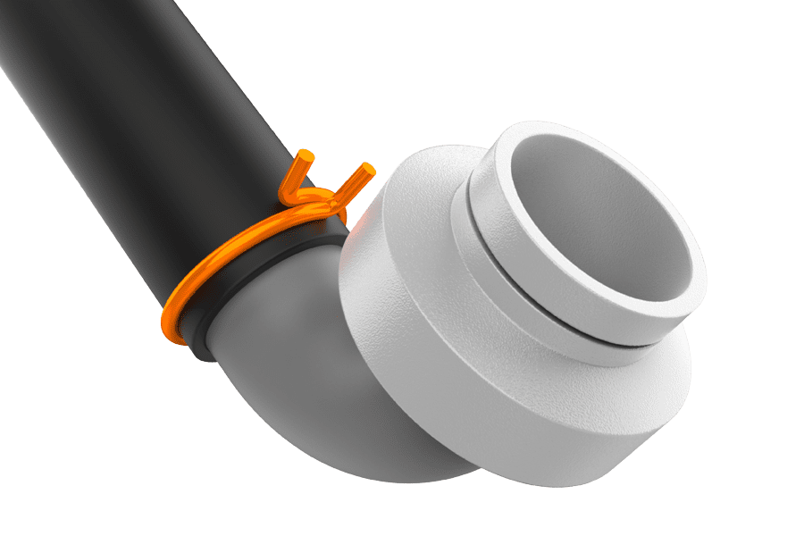 Rendered image of a hose clamp fastening a hose to an elbow joint fitting.