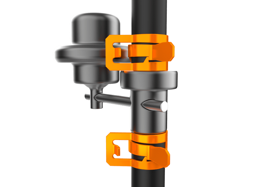Rendered image of a hose clamp securing a flexible hose to a flow control valve connection.