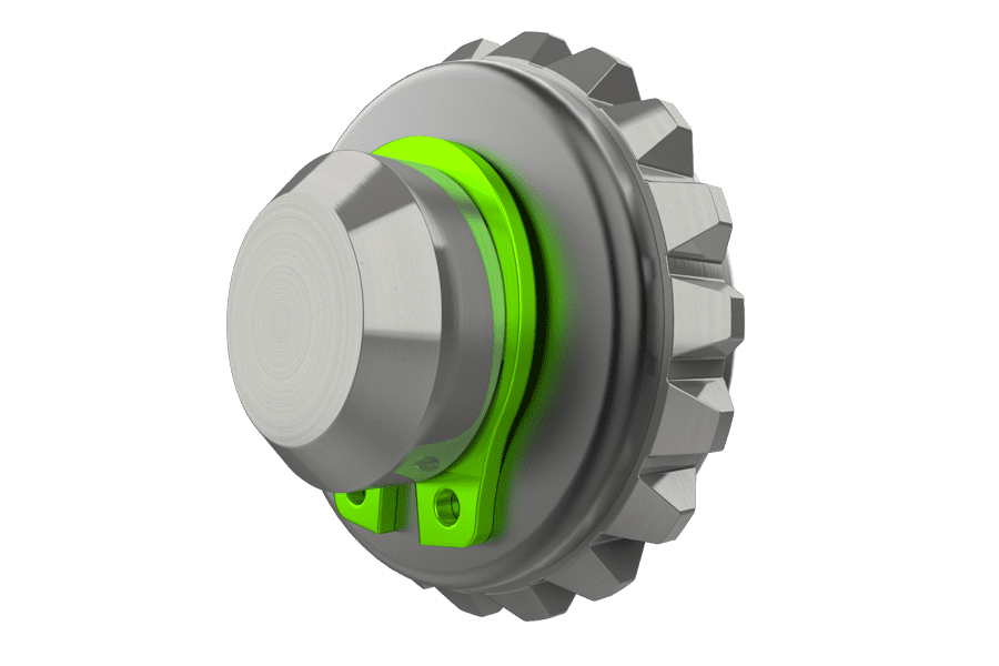 Rendered image of a bowed retaining ring applying preload to retain a gear on a shaft.