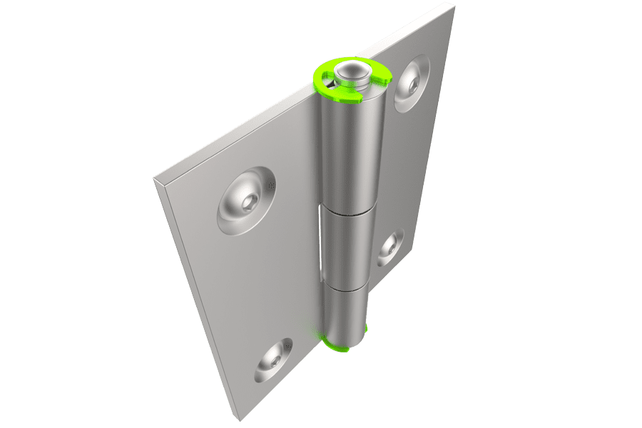 Rendered image showing an E-ring retaining a hinge pin in a mechanical hinge.