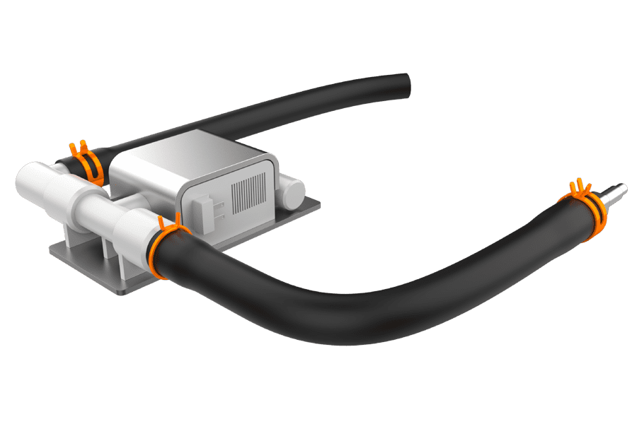 Rendered image of a hose clamp securing a hose to an intake exit line connection.