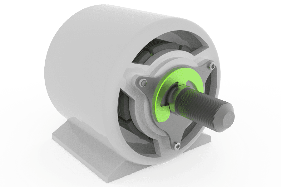 3D render of an electric motor (e-motor) featuring an e-clip retaining ring from Rotor Clip, demonstrating the ring's application in securing components within the motor assembly