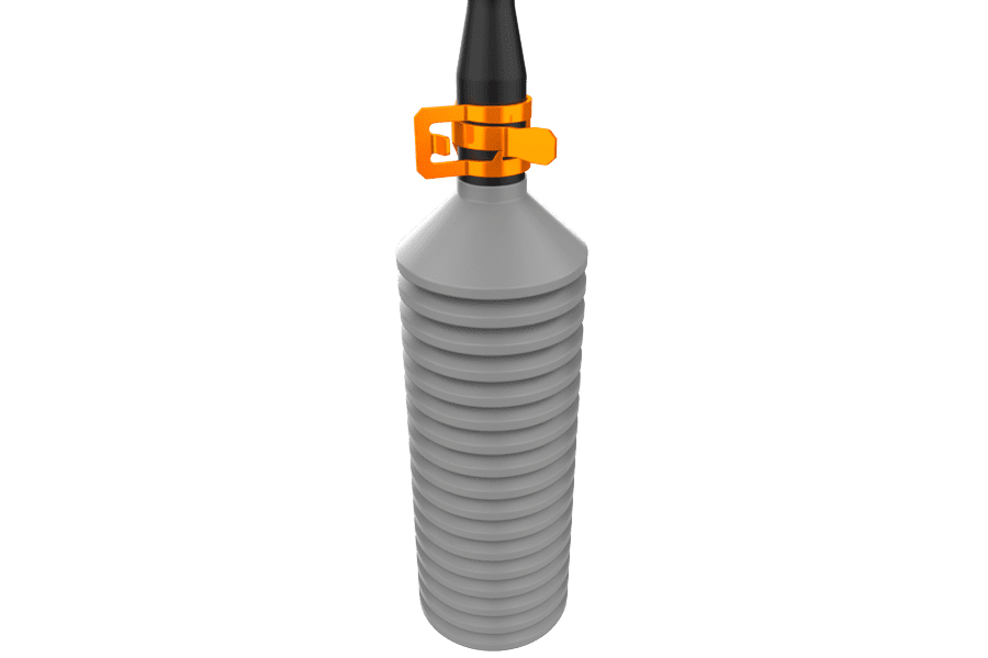 Rendered image showing a hose clamp fastening a dust boot on a power steering component.