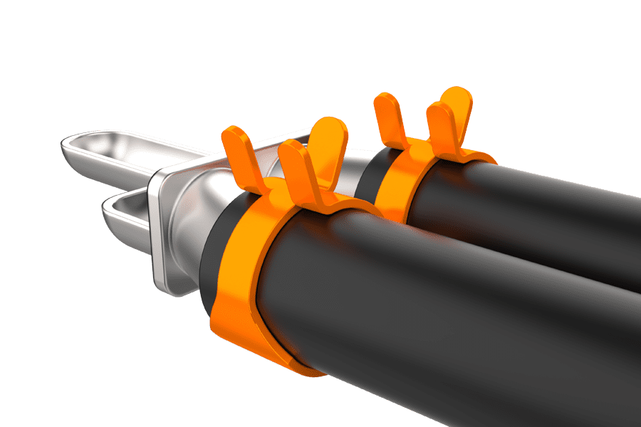 Rendered image of a hose clamp tightening a radiator hose onto an engine or radiator inlet/outlet.