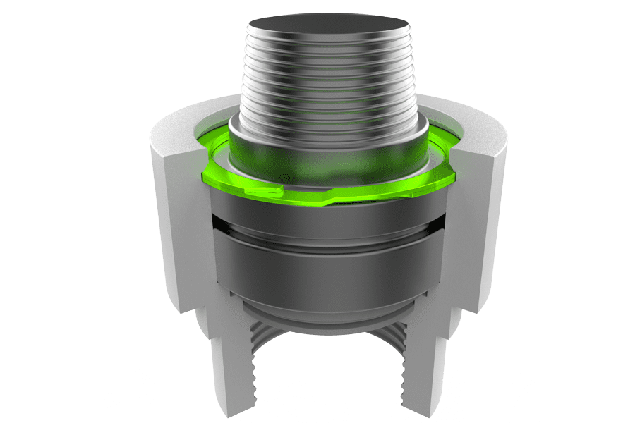 Rendered image of a spiral ring retaining seals or a rotor within a rotary union.