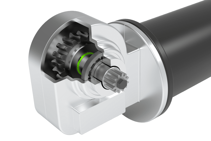 Rendered image showing a spiral retaining ring securing gearing or a shaft in an automotive seat motor.