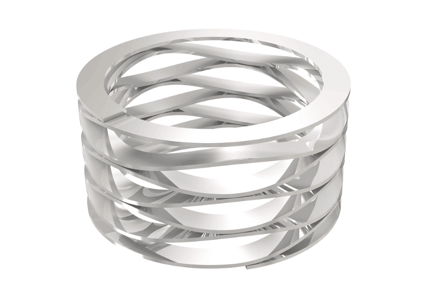 Rendered illustration of a multi-turn wave spring with shim ends, showcasing its specialized design for precise alignment and secure positioning within assemblies, offering enhanced stability and performance in mechanical systems