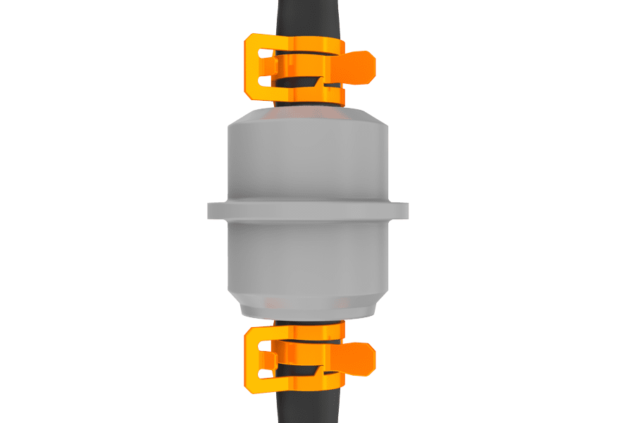 Rendered image of a hose clamp holding a fuel line to a small engine’s inline fuel filter.